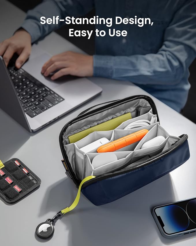 tomtoc Electronic Organizer Accessory Tech Pouch for MacBook Charger, Cables, Power Bank, Hard Drive, Cords, Water-resistant Storage Bag with Removable Card Slots for USB Adapter, Memory Card, Blue - Image 4