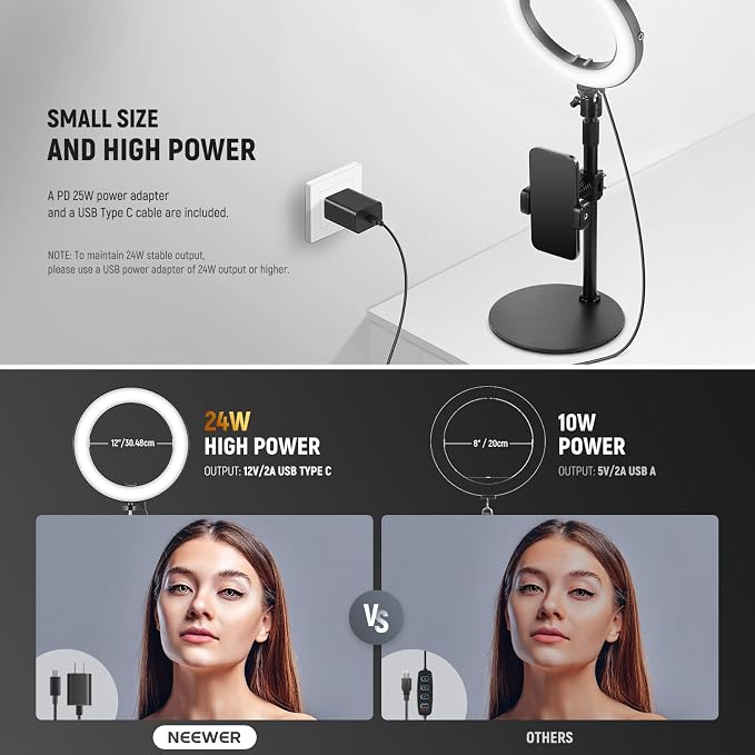 NEEWER 12" 24W High Power Desk Ring Light with Stand/Phone Holder, LED Selfie Video Conference Lighting for iPhone Streaming Makeup Vlog Recording Laptop Computer Webcam Zoom Call Podcast, RH12B - Image 5
