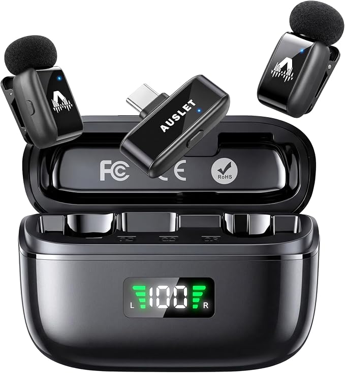 Wireless Lavalier Microphone for iPhone & Android, Mini Clip-On Lapel Mic with 25H Charging Case, AI Noise Reduction, 3 Voice Modes for Vlogging, TikTok & Live Streaming by AUSLET