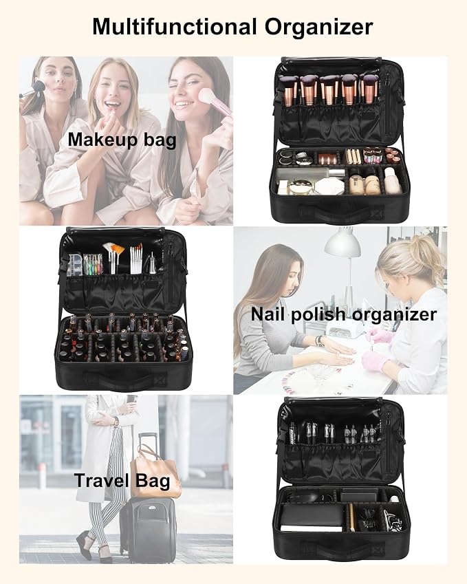 Relavel Makeup Bag Travel Train Case Cosmetic Organizer with Divider, Black | Large Storage Box with Adjustable Dividers and Brush Compartment for Cosmetics, Toiletries, Nail Polish, Jewelry, Electronic - Image 7