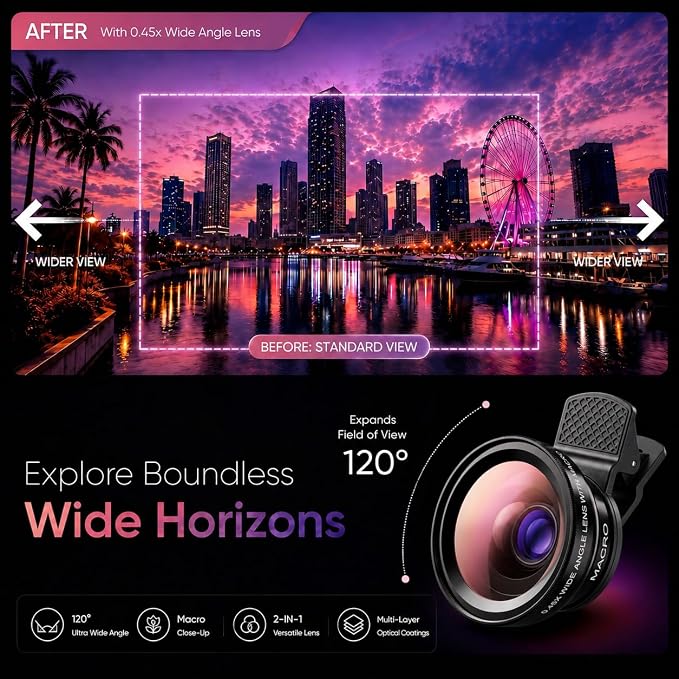Phone Camera Lens Kit, 0.45X Super Wide Angle Lens + 15X Macro Lens 2 in 1 Professional Lens Attachment for Phone 17/16/15/14/13 - Image 3