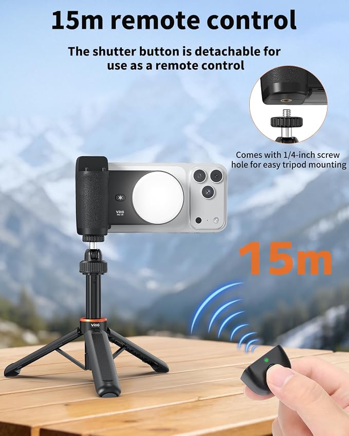 VRIG MG-35 Magnetic Phone Camera Grip for iPhone/Android with Detachable Wireless Shutter Remote,Three-Gear Adjustable Fill Light, 1/4" Tripod Screw - Comfort Ergonomic Camera Grip Handle Holder - Image 2