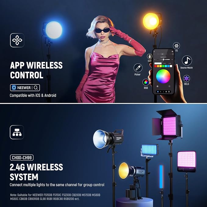 NEEWER FS150C 130W RGB LED Video Light with App/2.4G Control 17 Effects | 2500-7500K, 19800lux/1m, COB Continuous Lighting Output, CRI97/TLCI98, 4 Dimming Curves, Bowens Mount Spotlight Studio Shoots - Image 6