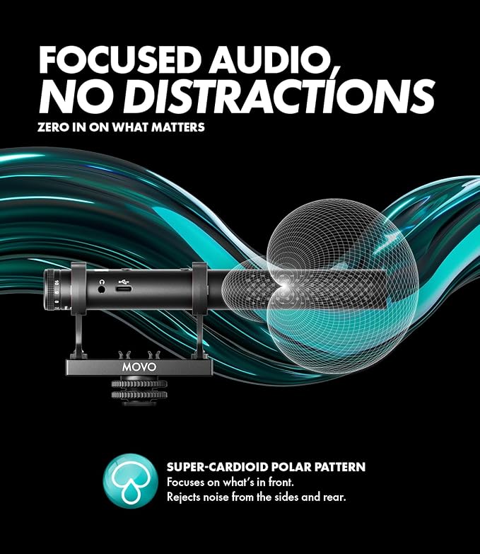 Movo X1 Supercardioid Shotgun Microphone - 3.5mm/XLR/USB-C Camera Mic for DSLR, Smartphones, and Computers - Professional Boom Microphone with Advanced Audio Controls, Tripod, and Accessories - Image 6