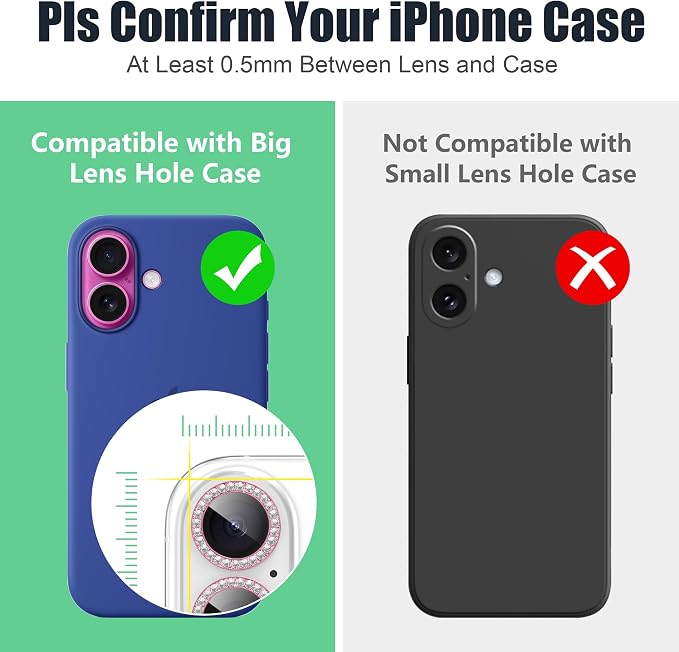AGVEE 3+3 6 Pack for iPhone 16/16 Plus Camera Lens Protector Cover | Individual Bling Diamond & Bling Glitter Sparkle Cute Gem Metal Ring, 9H Tempered HD Glass - Image 3