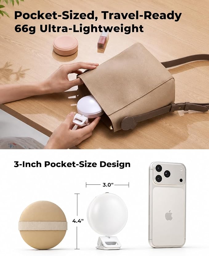 Viozon Selfie Light for iPhone Laptop, 3" Compact Clip on LED Phone Light with 360° Rotation, 1000mAh Type-C Rechargeable Zoom Meeting Light, 36H Runtime, Stepless Dimming 2800K-6500K, White - Image 4