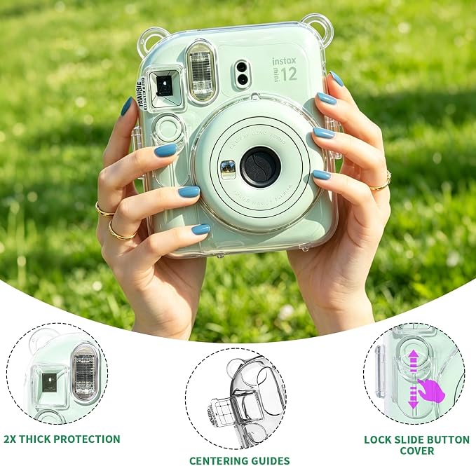 Clear Camera Case for Fujifilm Instax Mini 12, Green Camera Strap | Protective Cover with Anti-Accidental Shutter, 4 Composition Cards, Photo Storage Holds 10 Films, Clear Hard Shell, No Camera - Image 4