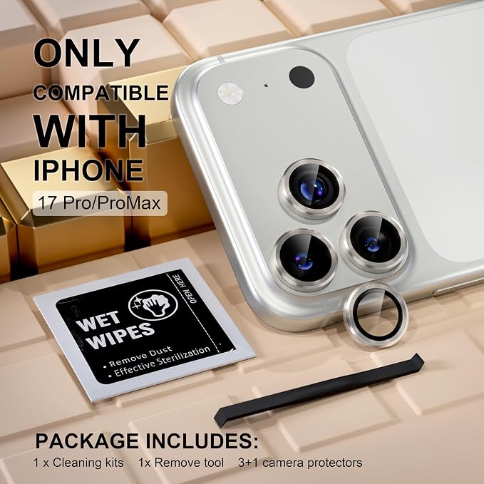 Misea Compatible for iPhone 17 Pro/iPhone 17 Pro Max Camera Lens Protector | 9H Tempered Glass Ultra HD Bling Camera Screen Protector Cover Metal Individual Ring Accessories, Natural Titanium - Image 2