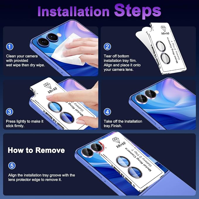 Meshine for Samsung Galaxy Z Flip 7 Camera Lens Protector,Scratch Proof,Strong Adsorption,9H Hardness with Metal Ring Camera Cover,Ultra Thin Case Friendly, Accessories Lens Protector,Light Purple - Image 7