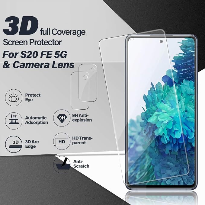 BIGFACE Galaxy S20 FE Tempered Glass Screen Protector + Camera Lens Protectors, 2 Pack, Anti-Bubble 3D Curved Accuracy Film - Image 2
