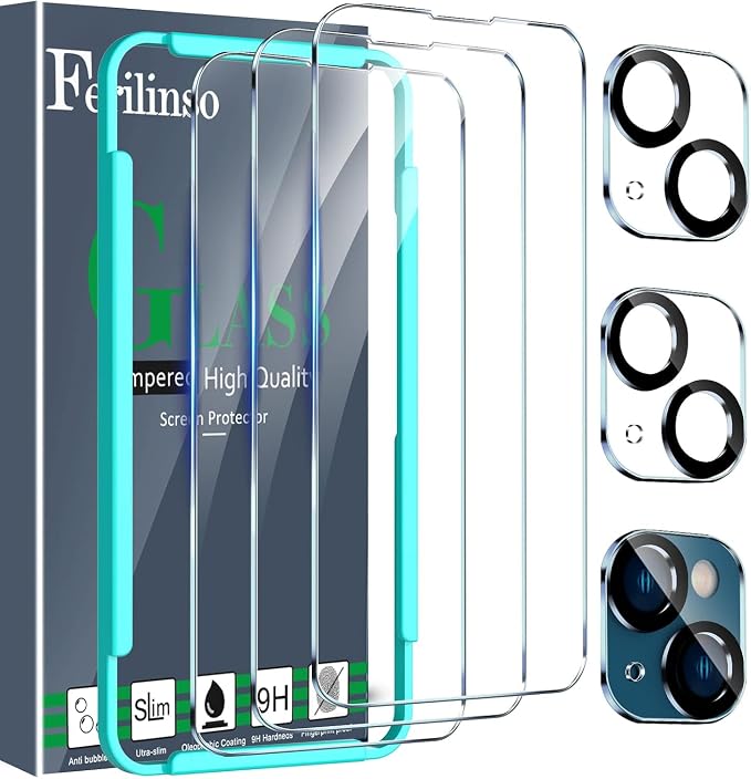 Ferilinso 3 Pack Screen Protector for iPhone 14 / iPhone 13, Tempered Glass | 9H+ Hardness, Military-Grade Shatterproof, HD Clear, Case Friendly, Easy Installation Bubble Free, with Camera Lens Protector by Ferilinso