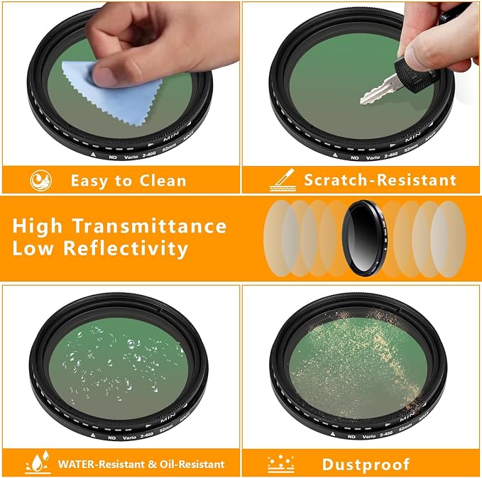 52MM Variable ND2-ND400 Filter, Ultra Slim Multi-Coated Adjustable Neutral Density Filter, Clip-on Phone Lens ND Filter Kit, Compatible for iPhone 15 14 13 12 11, Google Pixel and Other Smart Phones - Image 3