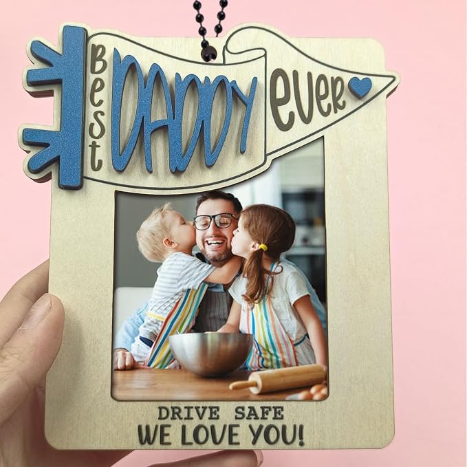 Personalized Best Dad Ever Picture Frame, Car Visor Picture Frame, Car Picture Holder,Gift for Dad Car Accessories, Car Picture Wooden Frame, Drive Safe Daddy Visor Clip We Love You - Image 2
