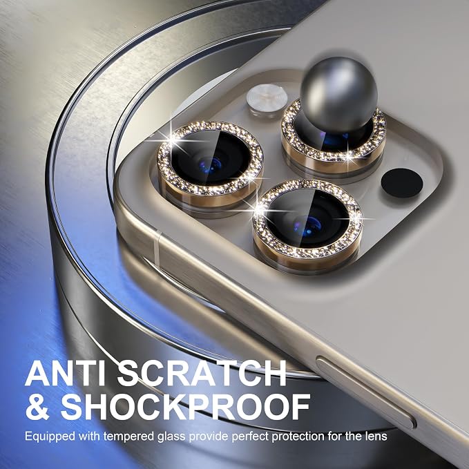 Choiche for iPhone 15 Pro/iPhone 15 Pro Max Camera Lens Protector | Ultra HD, Bling 9H Tempered Glass Camera Cover Screen Protector Metal Ring Decoration Accessories (Glitter-Gold) - Image 3