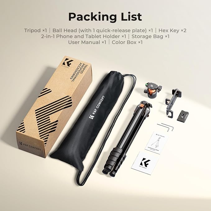 K&F CONCEPT 63" Aluminum Travel Tripod for Camera/Phone | 2.6lb Compact with Arca Ball Head, 22lb Max Load Heavy Duty for DSLR/Mirrorless/iPhone Video, A305A1+BH-40 - Image 8