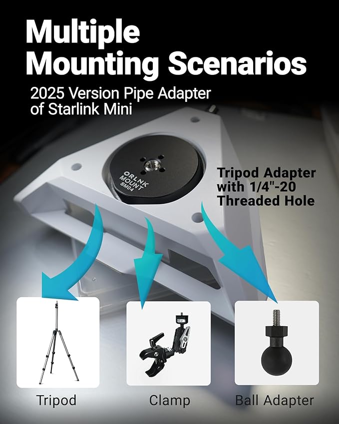 ORLNK Tripod Adapter Mount for Starlink Mini with 1/4"-20 - Flush Install | Fits Quick-Release Plate, Ball Mount Clamp, Flush Installation, Lightweight Aluminum Alloy, ORLNK SM04 Silver Grey - Image 5
