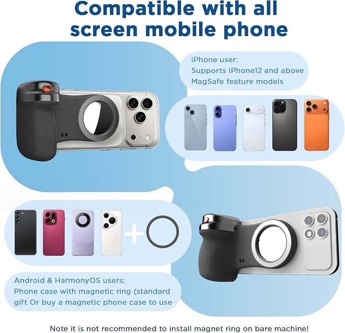 Magnetic Phone Camera Grip, Shutter Grip Handle Holder for iPhone/Android with Detachable Wireless Shutter Remote and Convenient Keychain Hook - Image 7
