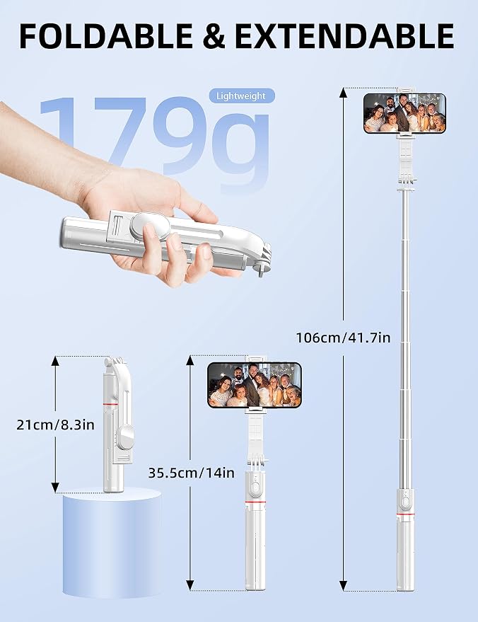 SelfieShow Phone Tripod & Selfie Stick, 41" Extendable Travel Tripod Stand with Detachable Remote, 360 Rotation, Compatible with iPhone/Samsung/GoPro & More (White) - Image 3