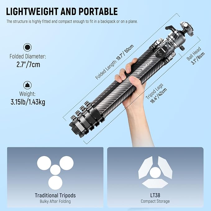 NEEWER LITETRIP LT38 61" Travel Tripod Carbon Fiber for Camera, 360° Pan Tilt Low Profile Ball Head, Flexible Center Axis, Arca QR Plate Compatible with PD, Max Load 22lb - Image 2