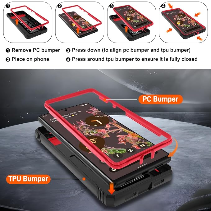 Gritup for Google Pixel 6 Phone Case: Pixel 6 Phone Case with 2*Screen Protector | Magnetic Stand & Slide Camera Cover | Shock Proof Military-Grade Funda para Google 6 Cover, Red+Black - Image 4