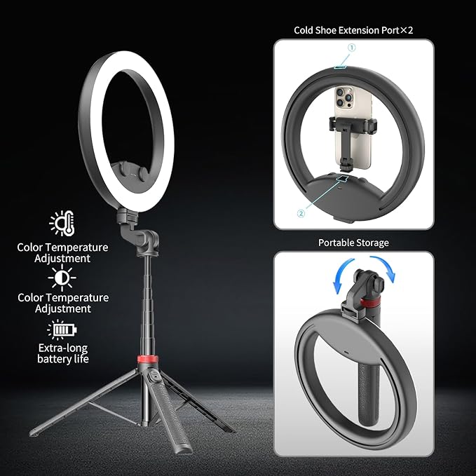 10''Selfie Ring Light with 64''Tripod Stand,Rechargeable Ring Light with Phone Holder and Remote Control,Adjustable Color Temperature and Brightness,5000mAh Battery,Live Streaming,Makeup,Travel,Gaming - Image 6