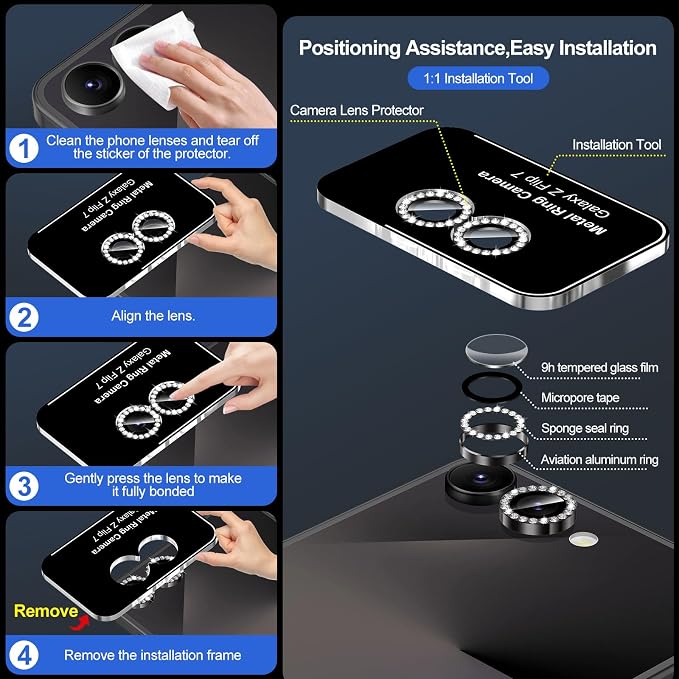 for Samsung Galaxy Z Flip 7 Camera Lens Protector, Individual Metal Ring Tempered Glass Lens Cover, [Strong Adsorption] Scratch Resistant Ultra-Thin HD Clear Lens Cover, 1 Set-Black Diamond - Image 6