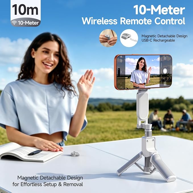 [3 in 1] Magnetic Phone Camera Shutter Grip, Extendable Selfie Stick & Tripod Portable for Magsafe iPhone & Android with Detachable Wireless Shutter Button Remote Control Ergonomic Handle - Black - Image 5