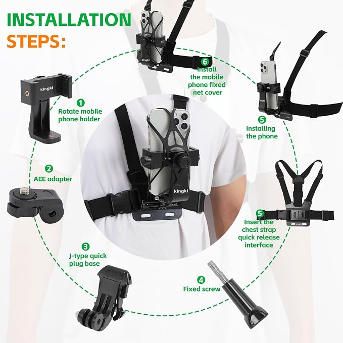 KINGKI Mobile Phone Chest Strap Harness Mount Head Strap Holder Kit for POV/VLOG,Cell Phone Clip Compatible with iPhone,Samsung,GoPro Hero 12, 11,10, 9, 8, AKASO,DJI Osmo,and Action Cameras… - Image 3