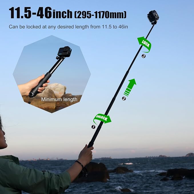 SOONSUN Waterproof Selfie Stick Long Extension Pole for GoPro Action Camera | 46in Underwater Telescoping Pole, Monopod & Hand Grip for GoPro Hero 13 12 11 10 9, Mission, MAX, Insta360 & DJI Osmo Action - Image 3