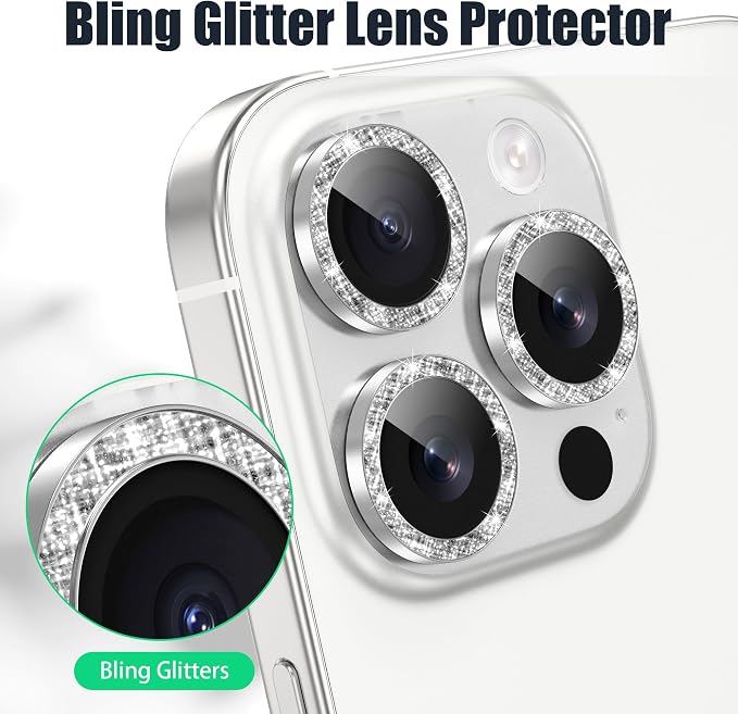 AGVEE 3+3 6 Pack for iPhone 16 Pro & Max Camera Lens Protector Cover | Individual Bling Diamond & Bling Glitter Sparkle Cute Gem Metal Ring, 9H Tempered HD Glass - Image 5