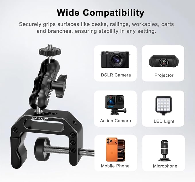 Camera Clamp Mount C Clamp with 1/4'' Screw Magic Arm - Perfect for Cameras, LED Video Lights, Monitors, Flash, Desk, Microphone, Action Camera - Image 5