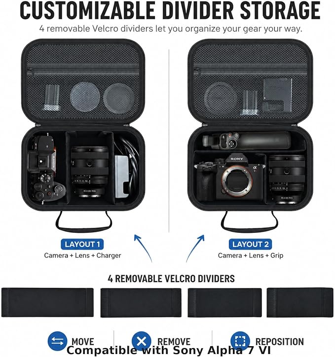 Camera Case for Sony Alpha 7 VI III IV/7R V, Hard EVA Protective Bag | EVA Shell, Shoulder Strap, 4 Adjustable Dividers Compact Travel Bag - Image 3