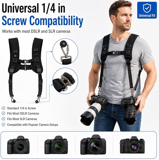 PULUZ Dual Camera Shoulder Harness for DSLR SLR Cameras with Quick Release | Double Camera Tether Strap, Soft Pad Decompression Strap Belt With 1/4 inch Screw - Image 8