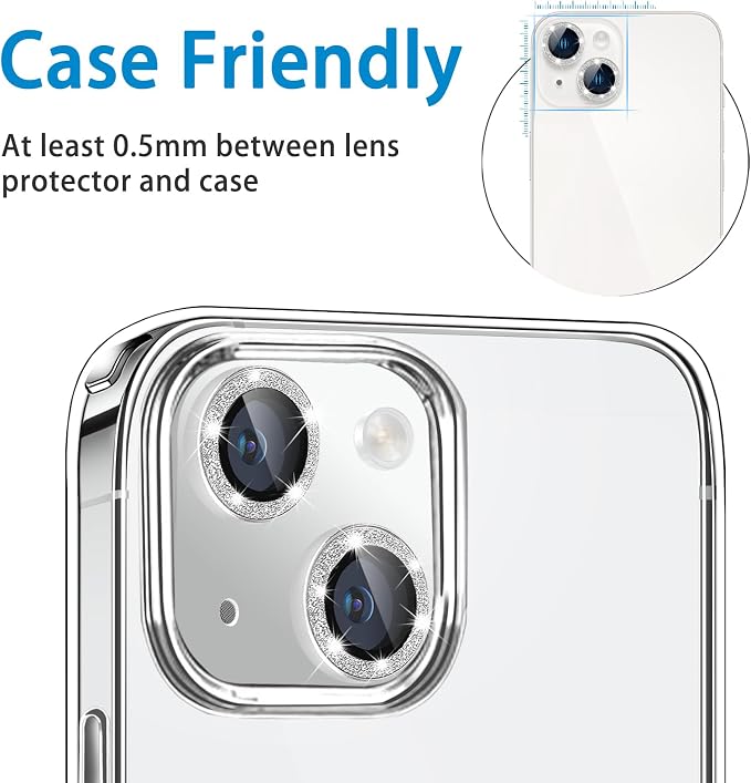 for iPhone 15 & iPhone 15 Plus Camera Lens Protector, Bling Glitter Diamond Lens Cover 9H Tempered Glass Camera Cover Anti Scratch Shockproof Screen Protector Individual Metal Lens Ring - 2PCS - Image 5
