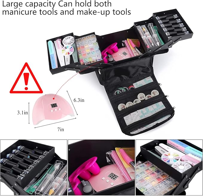 Large Makeup Carrying Train Case for Women, 4 Tier Travel Bag Box, Black | Nail Organizer Case-Adjustable Dividers, Waterproof, Detachable Shoulder Strap, Portable, Multipurpose Storage for Nail Tools - Image 4