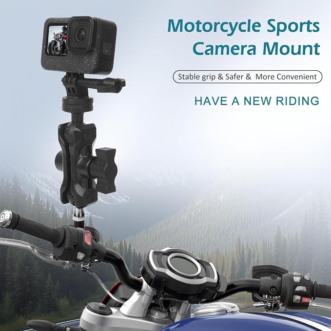 Camera Mount with 360°Dual Ball Head, Motorcycle Handlebar Mounting Bundle Kit for lnsta360 X5/X4/X3/ Gopr0//LED Light, 1/4"-20 & Tripod Adapter, Action Camera Mount Adapter for M8 Hole Base,75018 - Image 5
