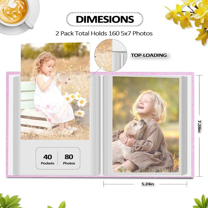 Popotop 2 Pack Photo Album 5x7 Pictures, Small Linen Slip-in Photo Albums Book for 80 Photos with 40 Pockets, Birthday Gifts for Women Mom Family Baby - Image 3