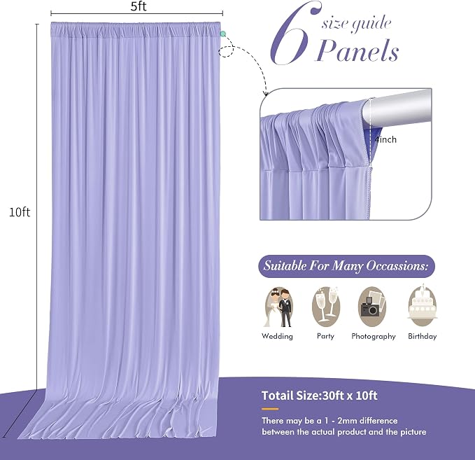 30 ft x 10 ft Wrinkle Free Lavender Backdrop Curtain for Parties, Polyester Light Purple Photo Backdrop Drapes 6 Panels 5x10ft for Baby Shower Photoshoot Wedding Birthday Party Photography Curtains - Image 5