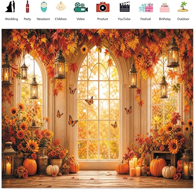 Fall Window Backdrop for Photography 10x8 Thanksgiving Party Decorations | Autumn Pumpkin Maple Photo Backdrop with Butterfly Floral Sunflower Friendsgiving Theme Background Photo Booth Props Vinyl - Image 2