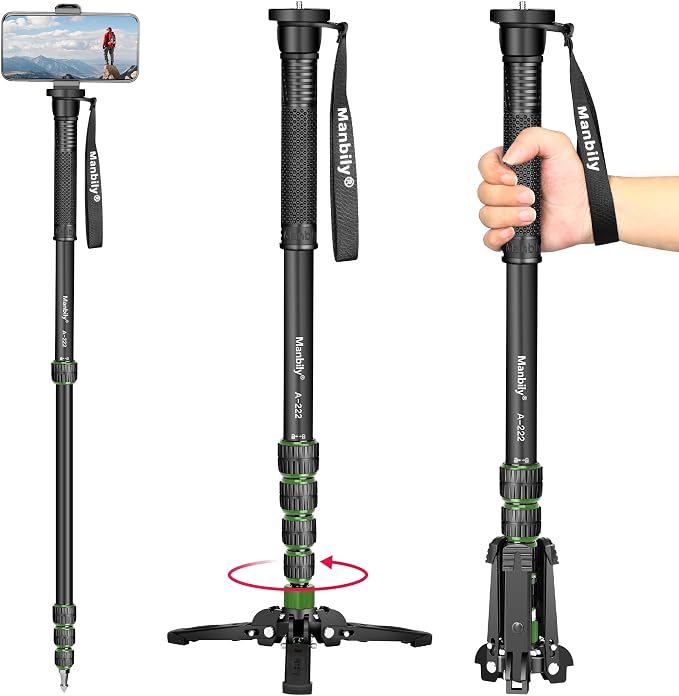 Camera Monopod with Feet, Aluminum Portable Travel Monopod with Removable Tripod Stand Base for DSLR Canon Nikon Sony Video Camcorder (Green) by Manbily