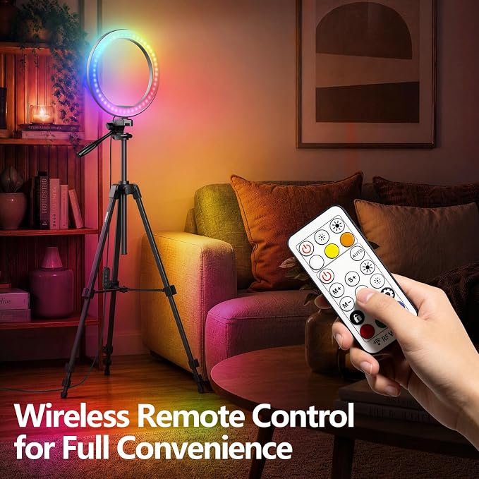 EMART 10'' Ring Light with 55'' Extendable Tripod Stand & Phone Holder | 16 RGB Colors Modes, 10 Dimmable Levels LED Circle Selfie Lights with Wireless Remote for Makeup, Streaming, YouTube, TikTok - Image 8