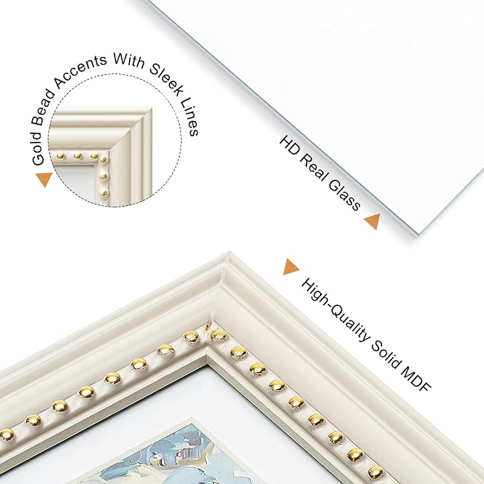 8x10 Picture Frame in Beige with Classic Gold Beaded Border, Solid Wood with Real Glass, Display 8x10 Photos Matted to 5x7, Vertical and Horizontal Desk Tabletop or Wall Hanging - Image 4