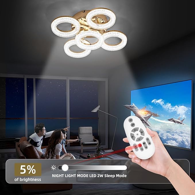 Modern Ceiling Light, 5 Rings 16.9'' Dimmable LED 49W Flush Mount Ceiling Lights with Remote Acrylic Crystal Round Ceiling Light Fixture, Bedroom Living Room Dining Room, Gold - Image 6