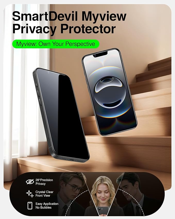 SMARTDEVIL 2 Pack Privacy Screen Protector for iPhone 17e/16e/14/13Pro/13 | Military-Grade Shatterproof Protection, Tempered Glass Film , 9H Hardness, Fast & Easy Installation, Case Friendly Design - Image 2