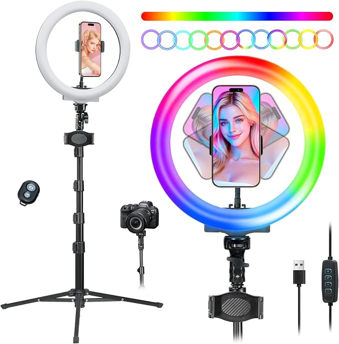 10" RGB Ring Light with 66'' Tripod Stands, 2 Phone Holder, Remote | 28 Color & 10 Brightness Level, Circle Ring Light for Live Stream, TikTok, YouTube, Makeup, Compatible with iPhone & Android by NiceFoto