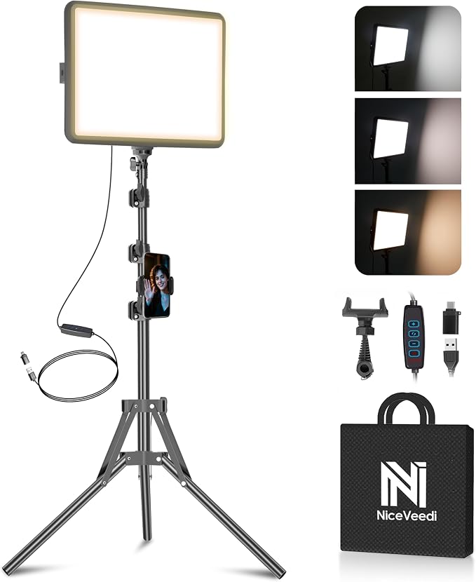 NiceVeedi 1-Pack Photography Lighting Kit, 2800-6500K Bi-Color LED Video Light Kit, Dimmable Studio Light with Tripod Stand & Phone Holder, Light for Video Recording, Game Streaming, YouTube by NiceVeediOfficial