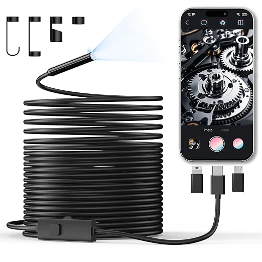Endoscope Camera with Light, 1920P HD Borescope Inspection Camera | with 8 Adjustable LEDs, IP67 Waterproof Semi-Rigid Snake Cable for Android, iPhone, and iPad(32.8ft, Single Lens) by CTEOUNPT
