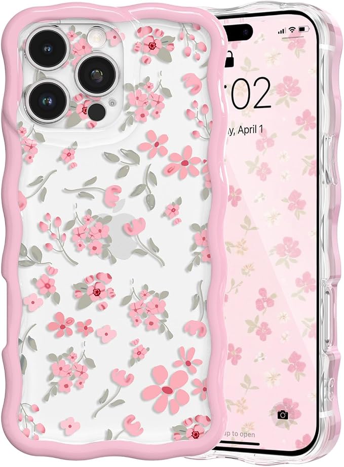 QLTYPRI for iPhone 16 Pro Max Pink Flower Case, Clear Cute Pink Floral Flower Phone Case Curly Wavy Aesthetic Phone Cover, Soft Slim Transparent TPU Shockproof Protective Cover for Women Girls - Pink by QLTYPRI