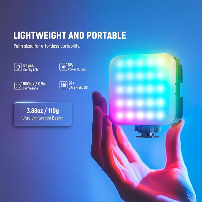 NEEWER Magnetic RGB Camera Video Light with Desk Tripod Stand & 3 Cold Shoes, Upgraded APP Control, CRI97+ 2500-8500K 2000mAh Rechargeable Photography Recording Small LED Panel Lighting, RGB62 - Image 2