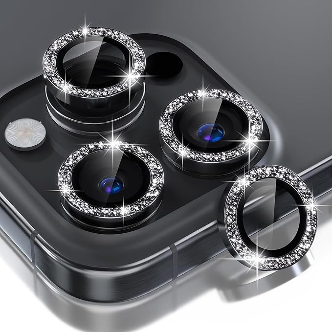 Choiche for iPhone 16 Pro/iPhone 16 Pro Max Camera Lens Protector | Ultra HD, Bling 9H Tempered Glass Camera Cover Screen Protector Metal Ring Decoration Accessories (Glitter-Black) by Choiche